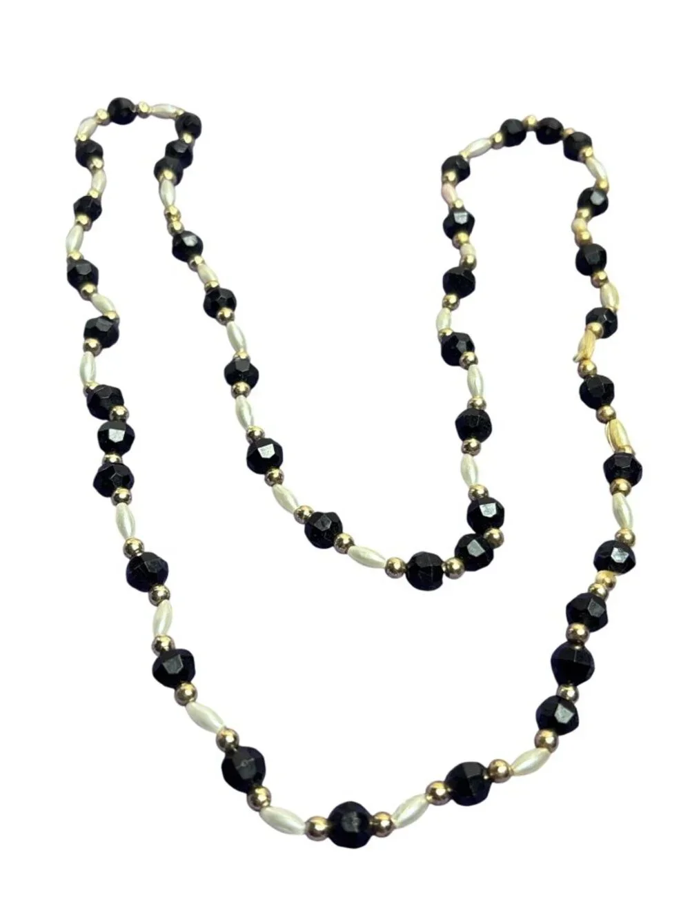 Plastic Beaded Necklace Faceted Black Faux Pearl Goldtone No Clasp 26 inches